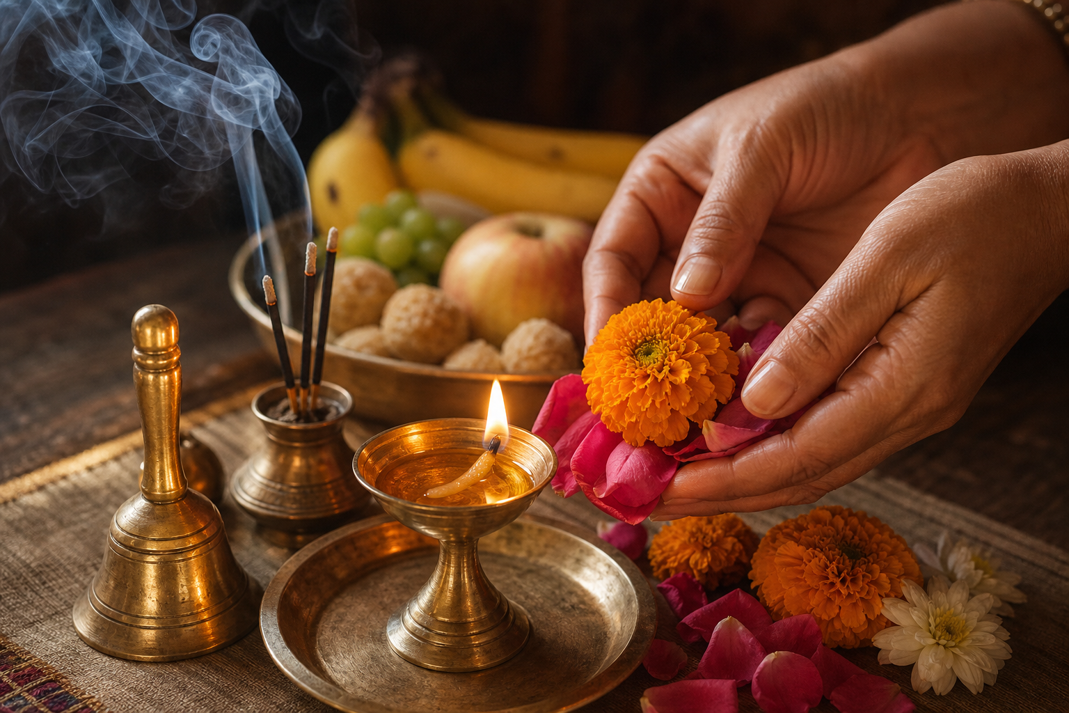 Hands offer a marigold at a puja altar arranged with a lamp, bell, incense, flower petals, fruit, and prasad.