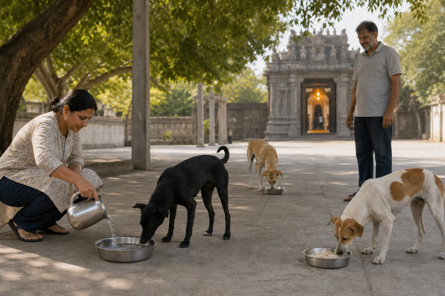 Two volunteers set out clean water and spaced food bowls for community dogs in a quiet temple courtyard.