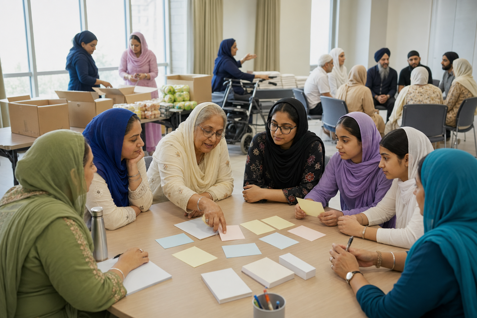 Sikh women and teenage girls take part in a leadership workshop while volunteers coordinate relief supplies in a gurdwara community room.