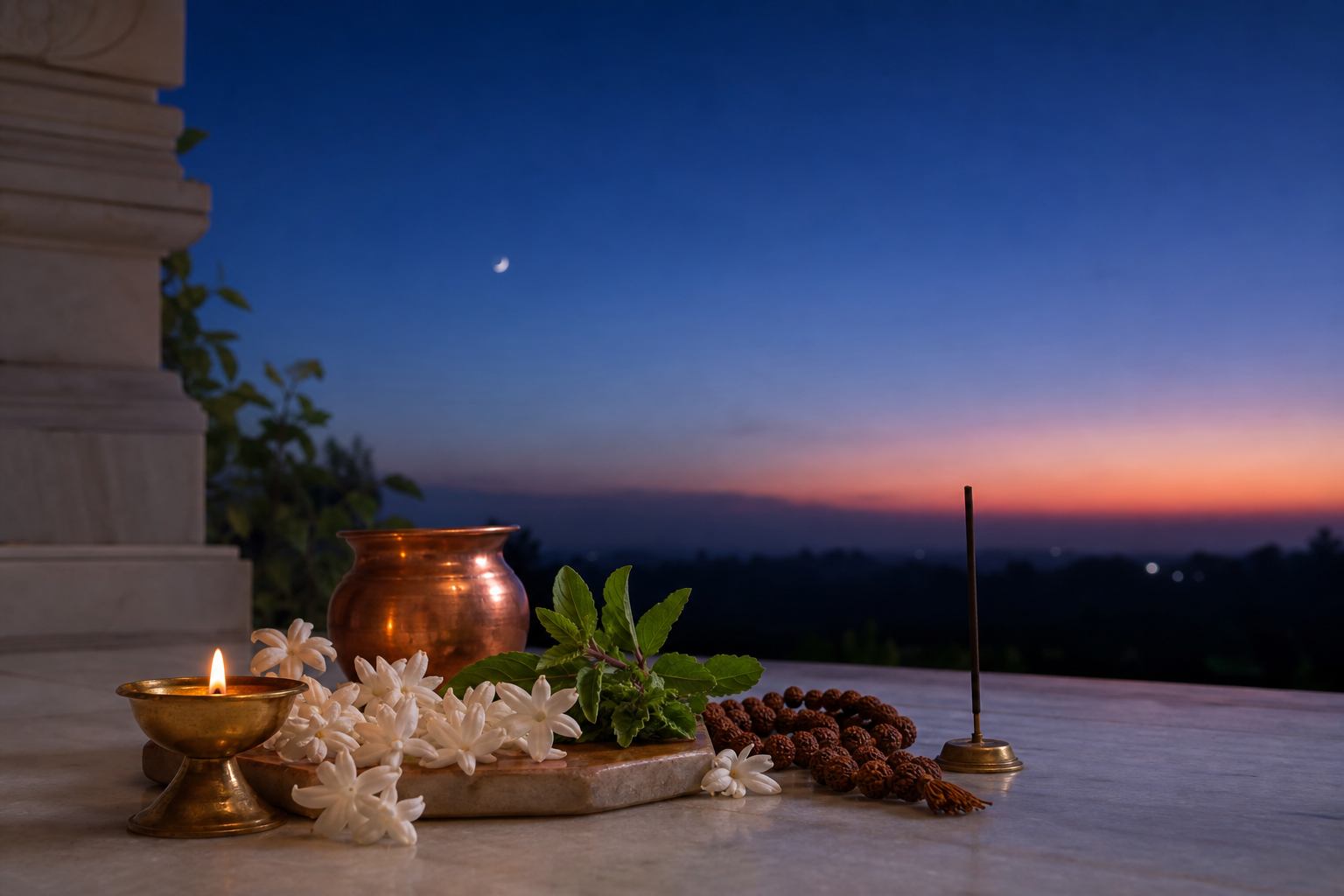 A brass oil lamp, flowers, tulsi leaves, copper vessel and prayer beads arranged at a home altar as a waning moon fades in the dawn sky.
