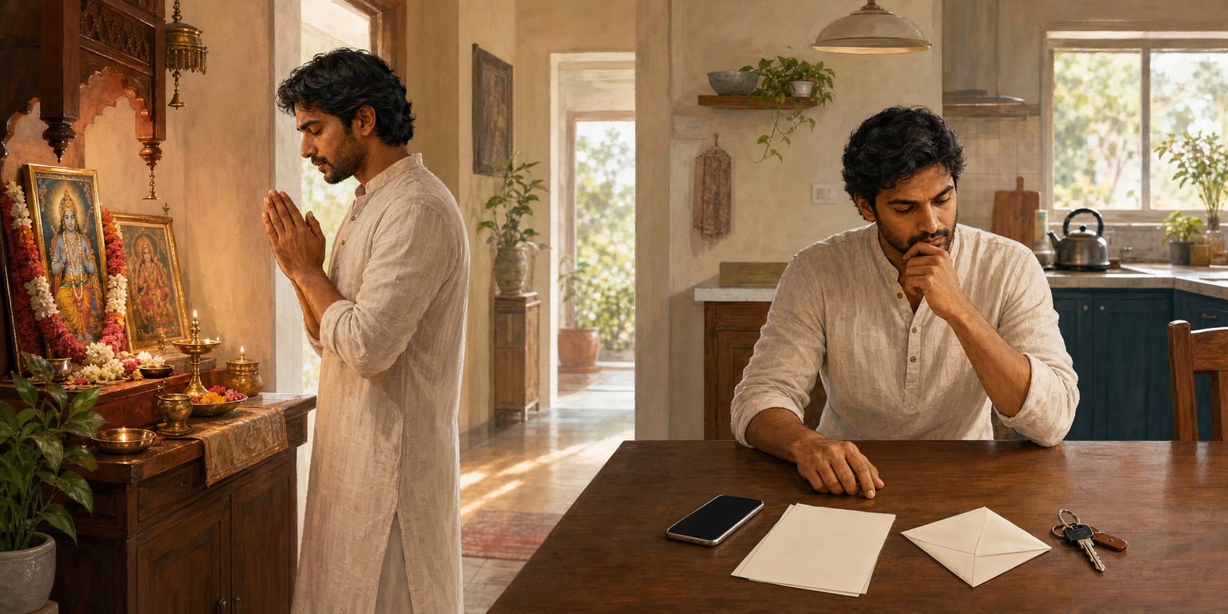 The same practitioner is shown finishing puja and later pausing thoughtfully over an everyday decision at a table.