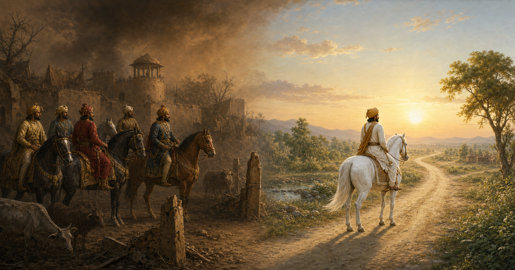 A diptych contrasts several mounted rulers near a troubled settlement with a separate solitary rider on a white horse at sunrise.