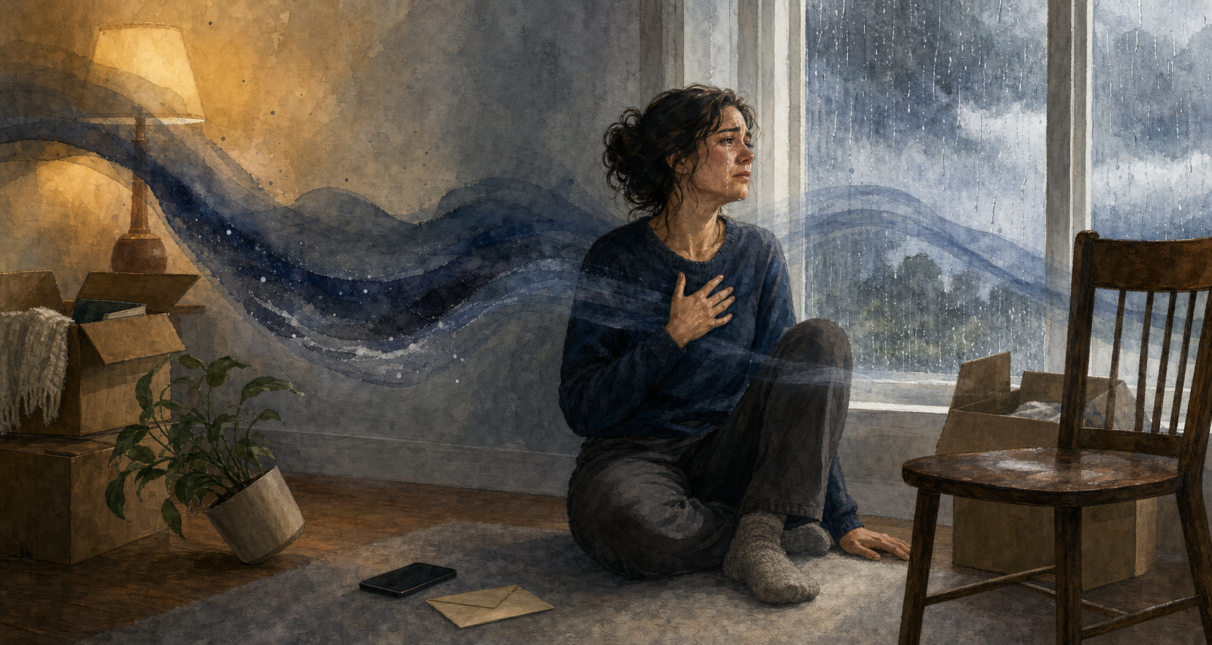 A tearful adult sits on the floor near moving boxes and a rain-streaked window as a translucent blue-gray wave sweeps through the room.