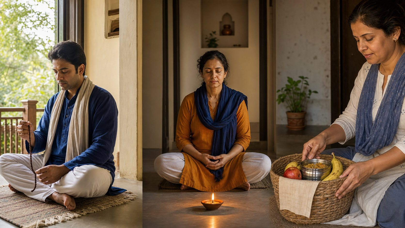 Three scenes show a devotee using prayer beads, a person meditating by an oil lamp and hands preparing a basket of food for service.