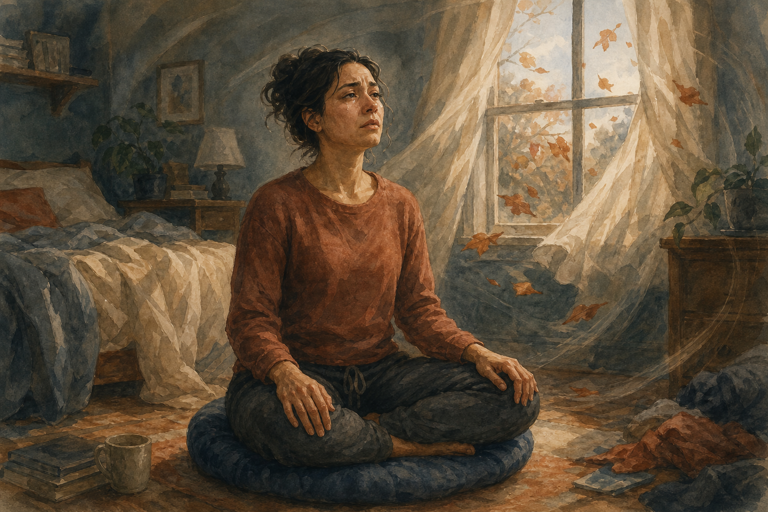 An emotional adult sits on a meditation cushion in a bedroom with tense shoulders as curtains move in the wind.