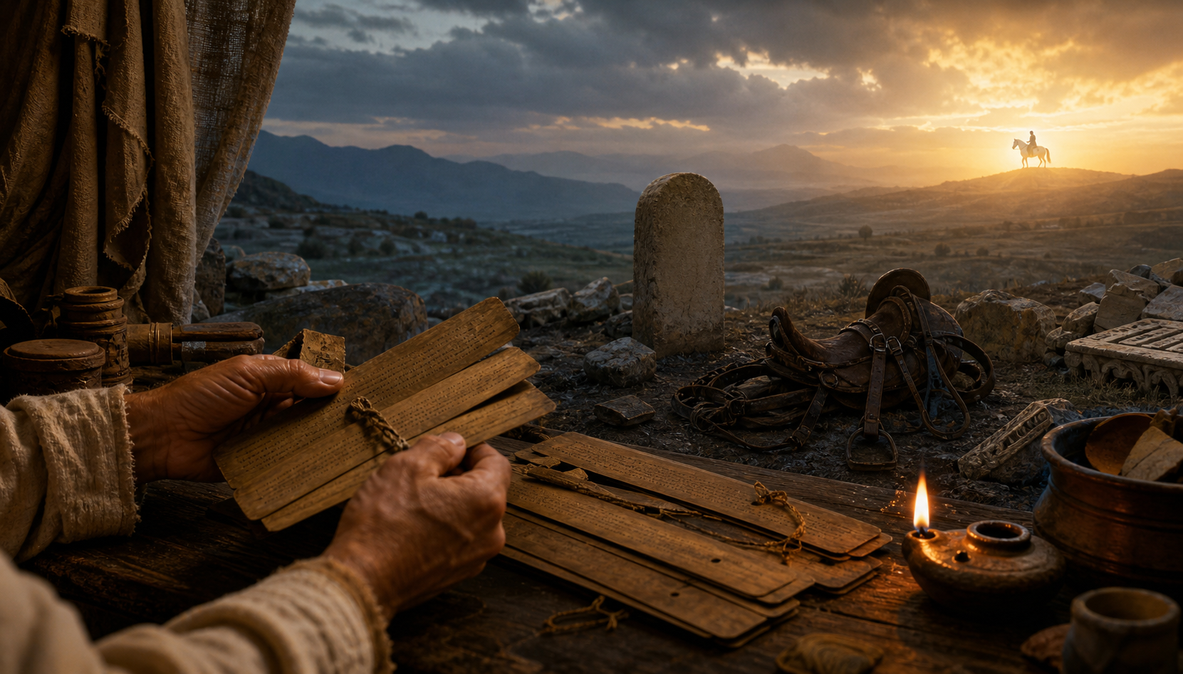 Manuscript folios in the foreground, old horse tack and artifacts in the middle distance, and a distant white horse and rider form three separate visual layers.