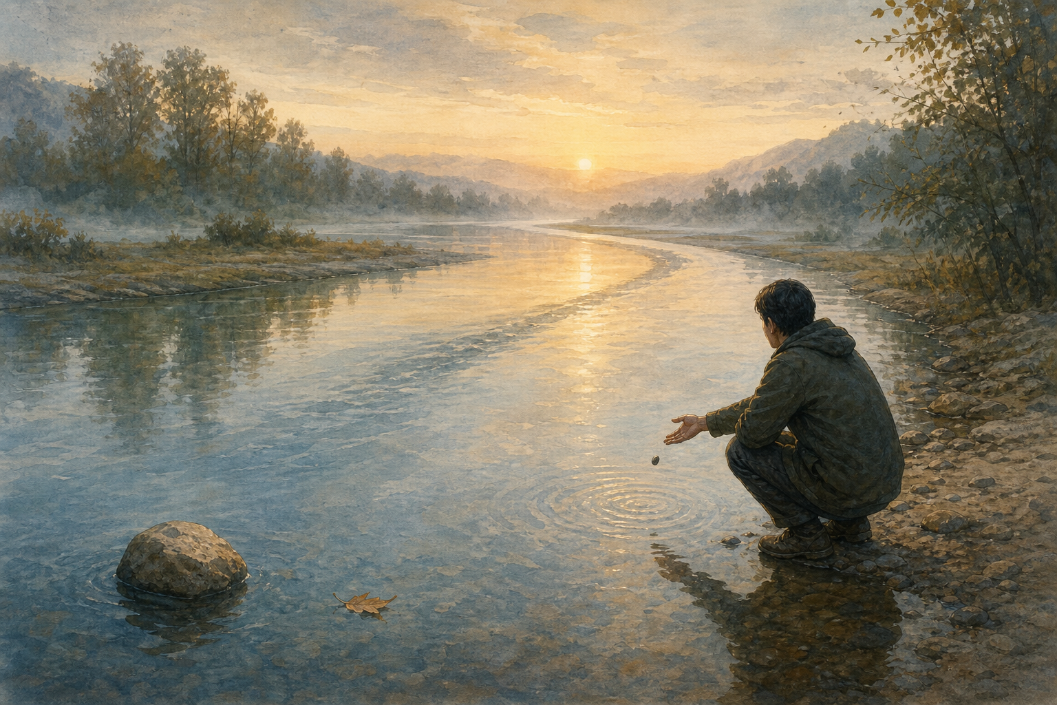An adult stands beside a misty river with an open hand near a drifting leaf, a shoreline stone, and a reflection in the water.