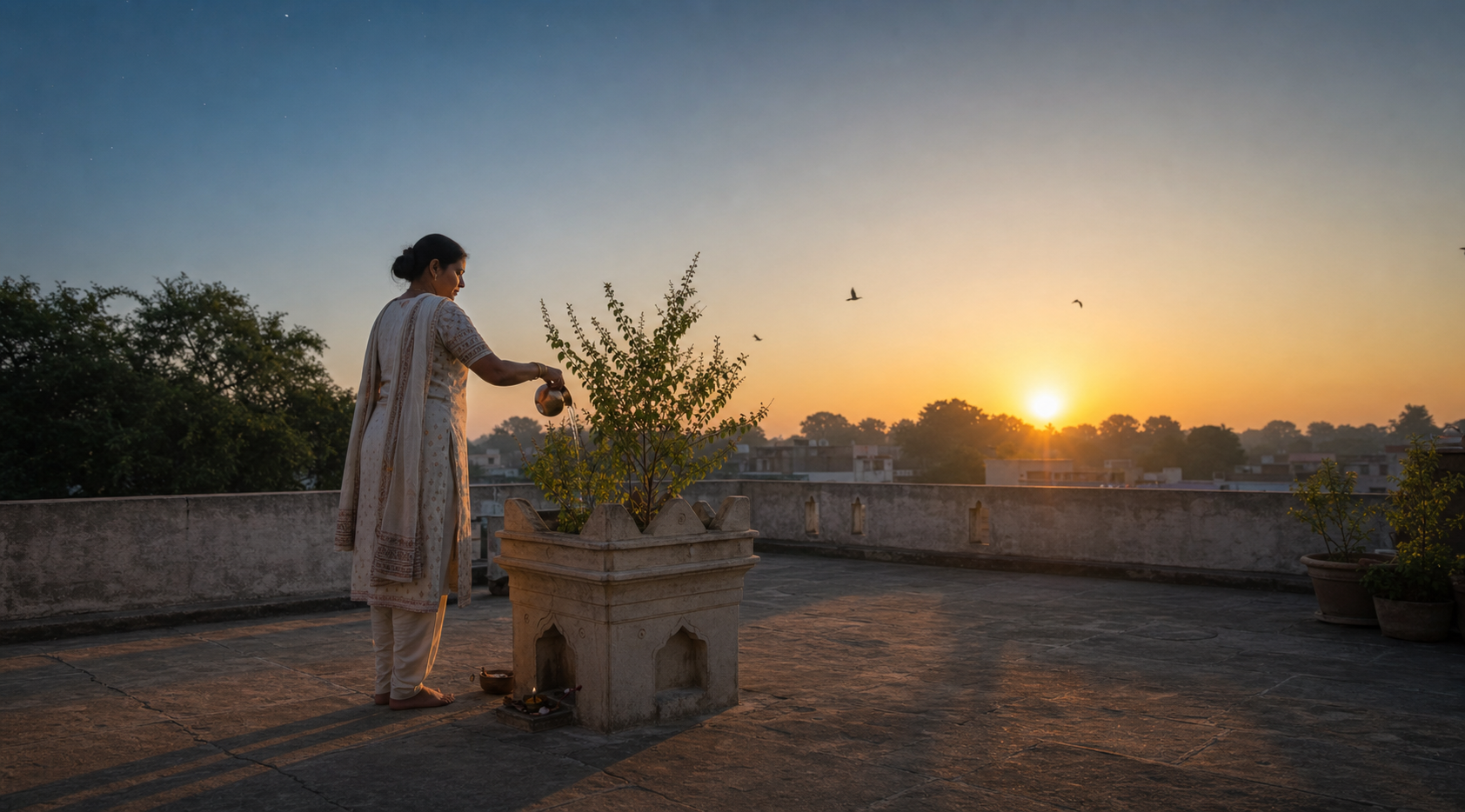 A devotee offers water beside a tulsi plant in a courtyard as the sun rises over trees and distant rooftops.