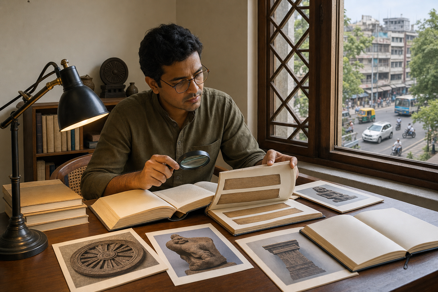 A reader in a quiet study compares manuscripts, reference books, and historical artifacts while everyday city life continues outside the window.