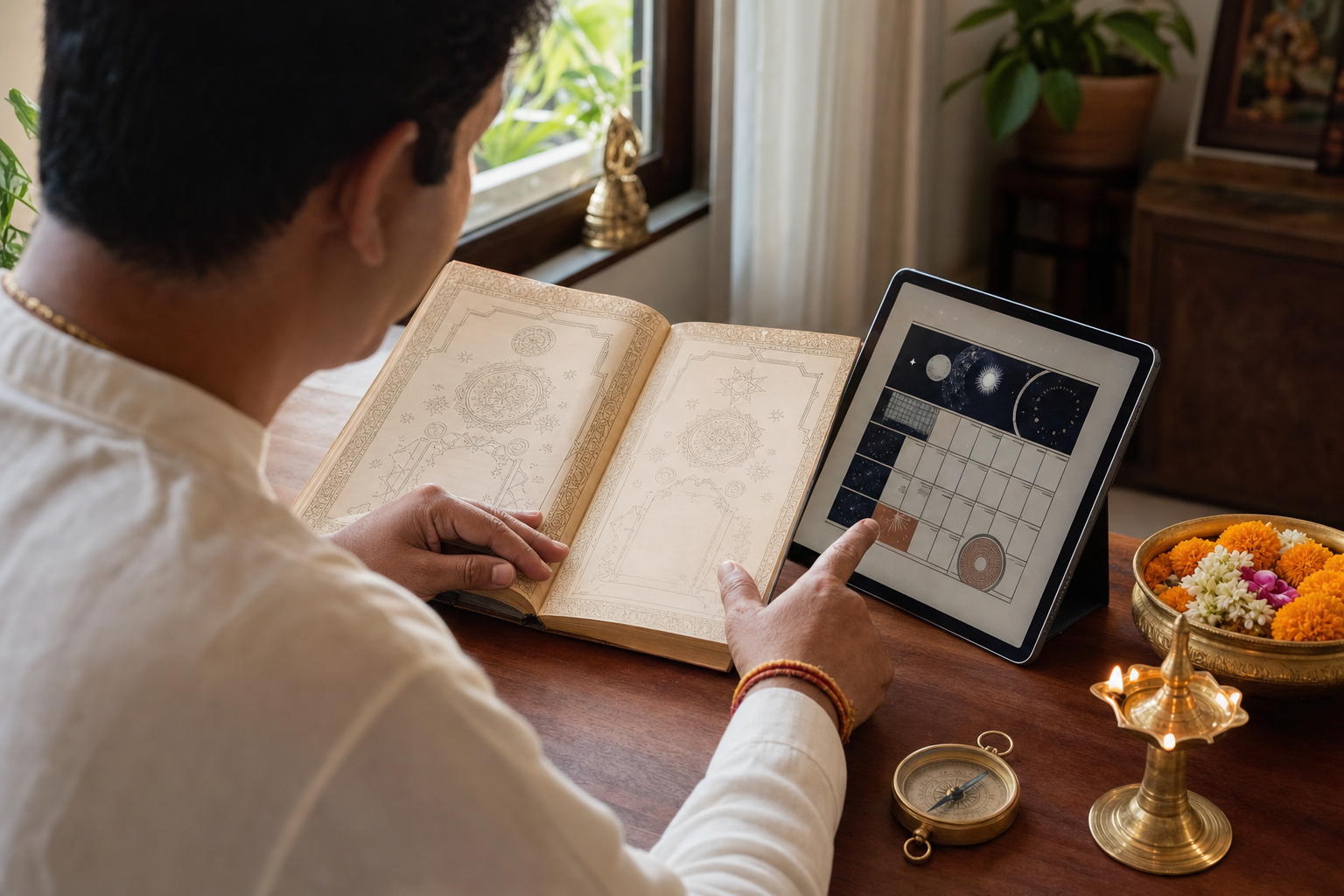 A householder compares a traditional almanac with a tablet beside a brass lamp and a bowl of flowers.