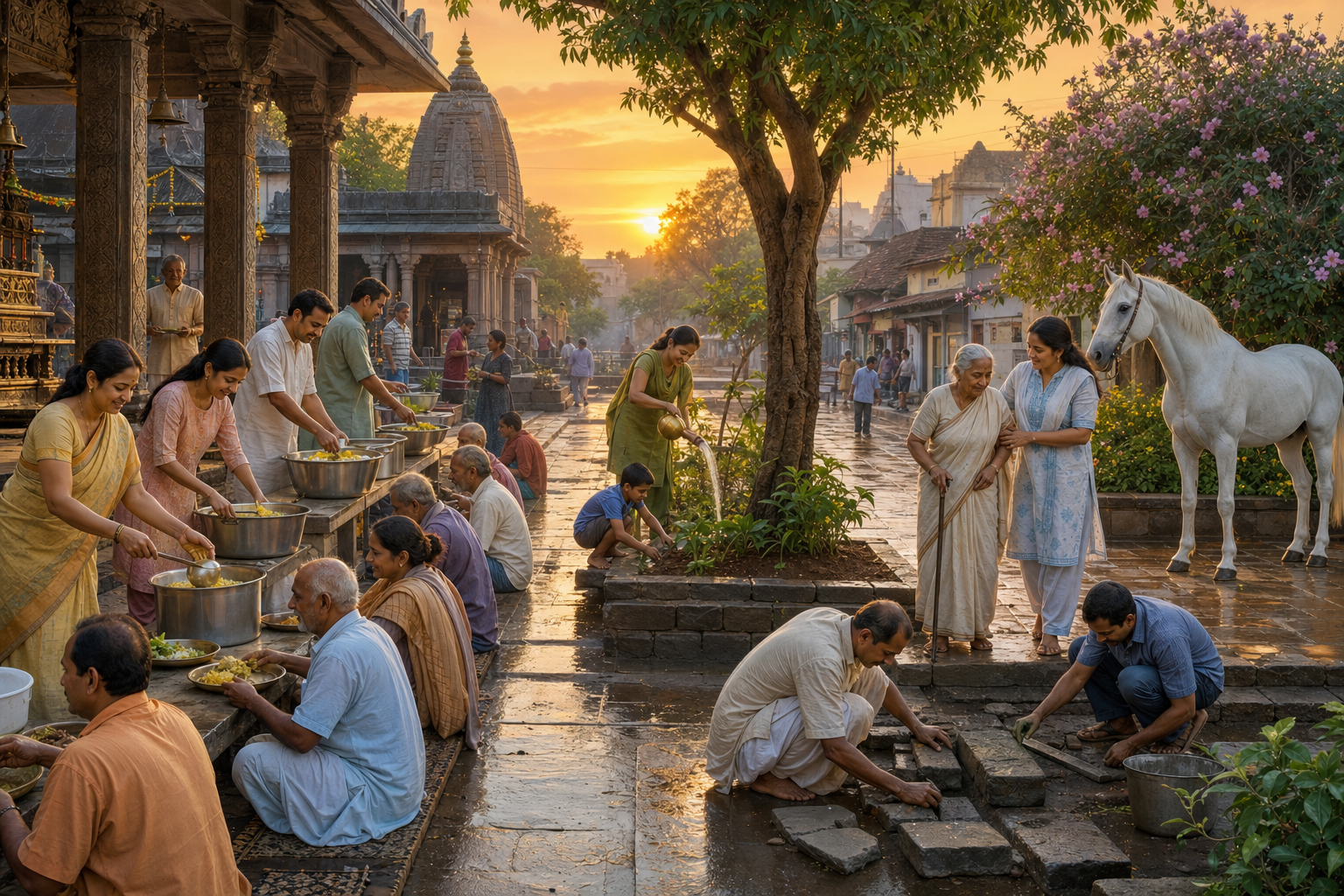 At sunrise, neighbors serve food, tend trees, repair a stone step, and assist an elder while a calm white horse stands nearby.