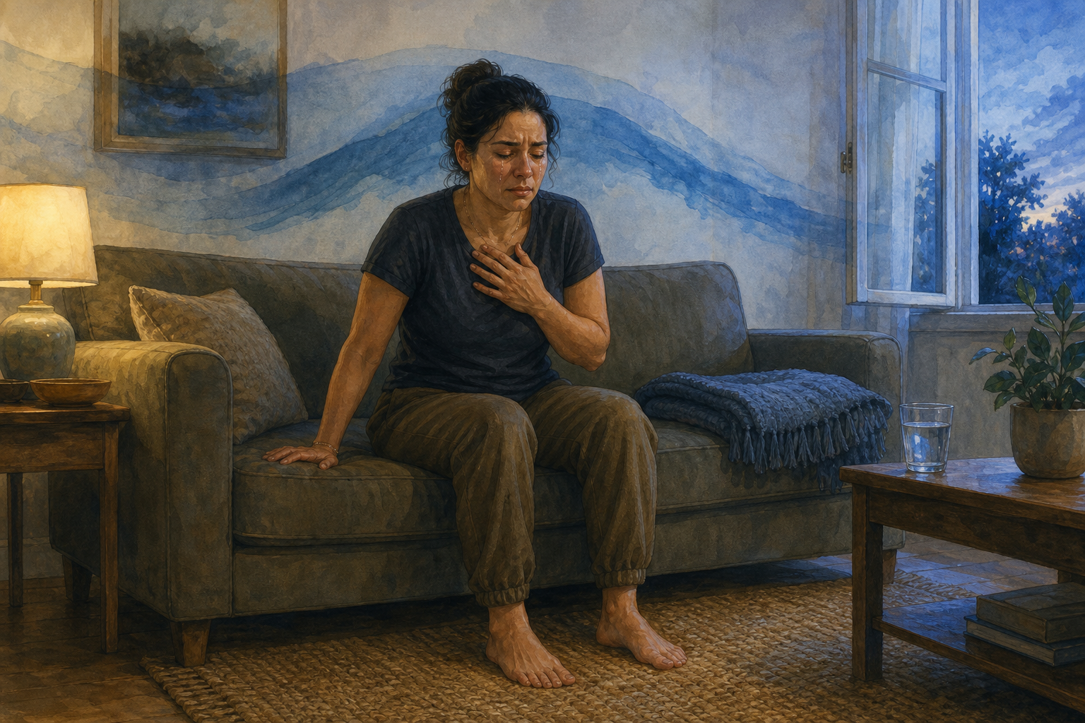 A tearful adult sits with both feet on a rug, one hand on the chest and one on the sofa, beside a glass of water and folded blanket.