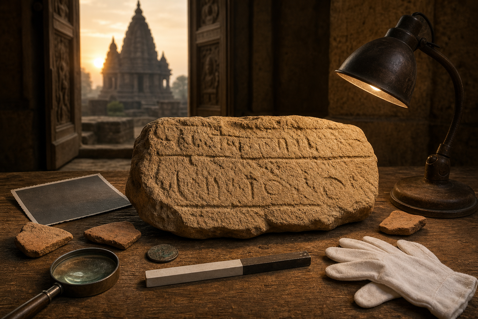 Weathered carved stone, pottery fragments, an old coin, gloves, and a magnifying lens arranged on an archaeological study table with a stone temple visible in the distance.