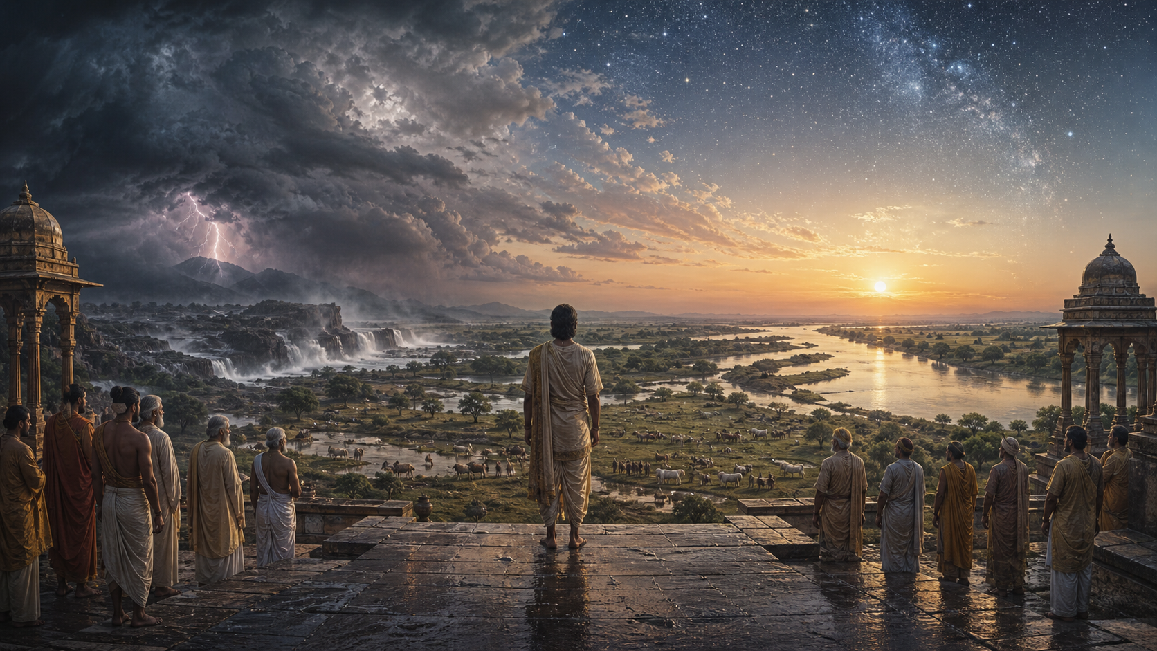 An ancient South Asian ruler stands between a clearing storm and a calm river plain while priests, elders, farmers, and herders observe beneath a starry dawn sky.