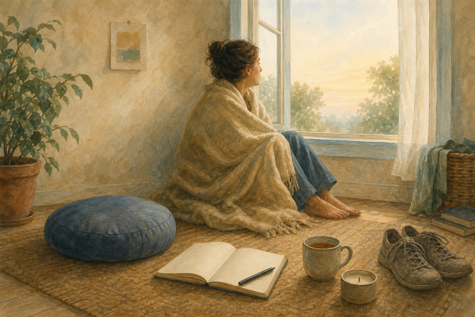 An adult wrapped in a blanket rests by an open window near a meditation cushion, blank journal, walking shoes, candle, and cup of tea.