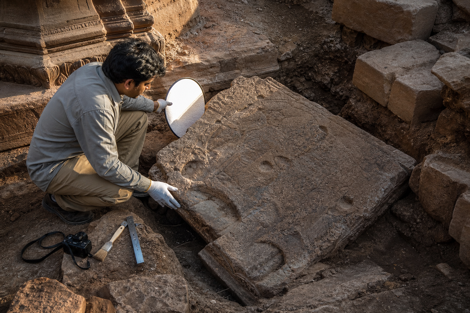 A field researcher uses angled light to inspect the erosion, cracks, and carved surface of a stone slab at an ancient temple site.