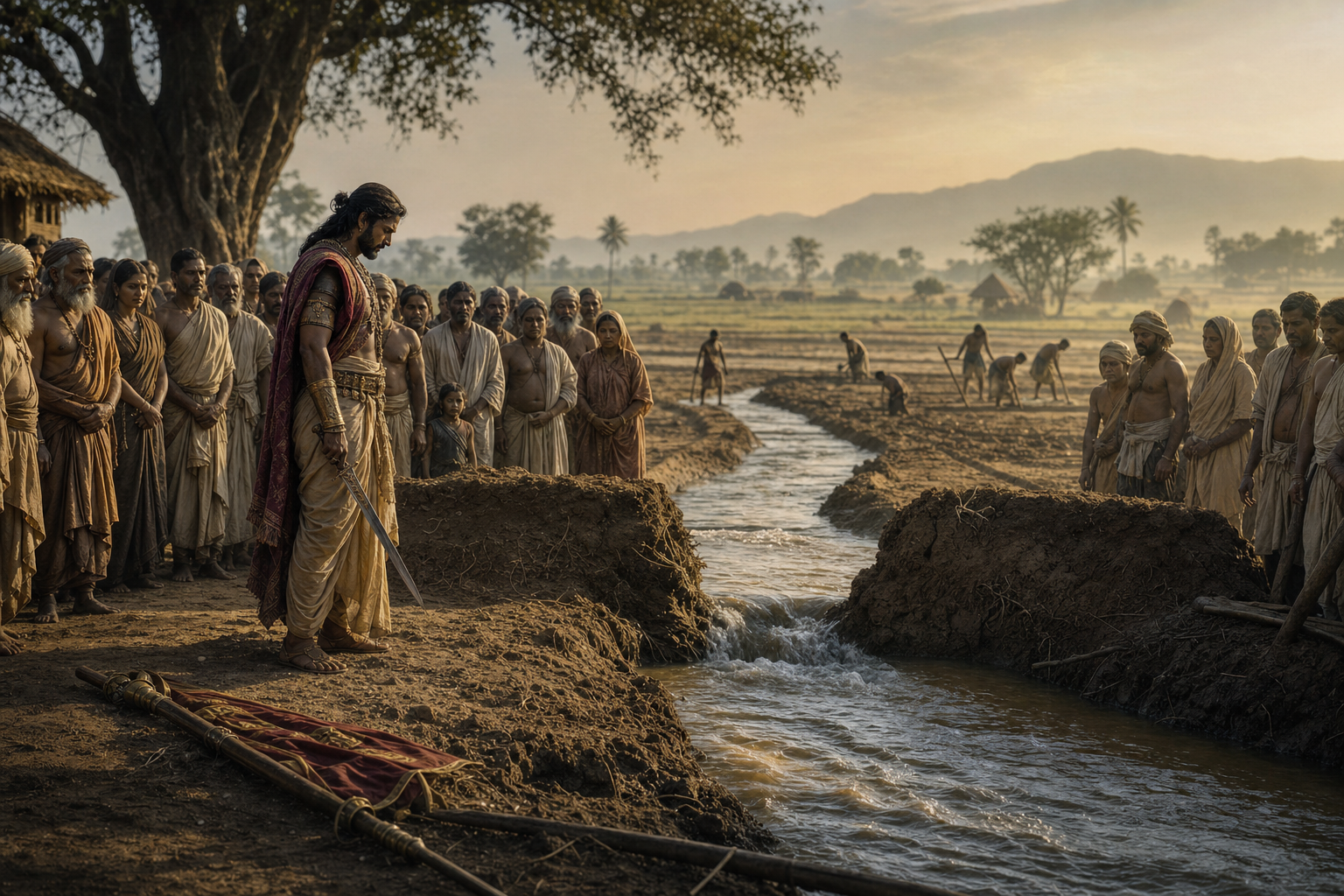 A warrior-ruler lowers his weapon before a community assembly as water returns through a breached barrier to dry fields.