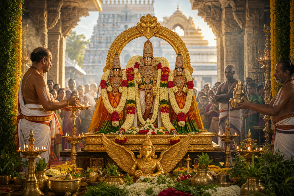 Sri Sundararaja Swamy with Sridevi and Bhudevi during Avatarotsavams at Tiruchanoor temple