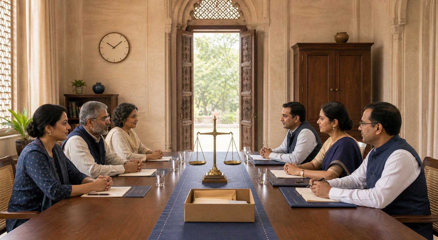 Civil-society representatives and officials sit across a hearing table with balanced scales, document folders and a clock.