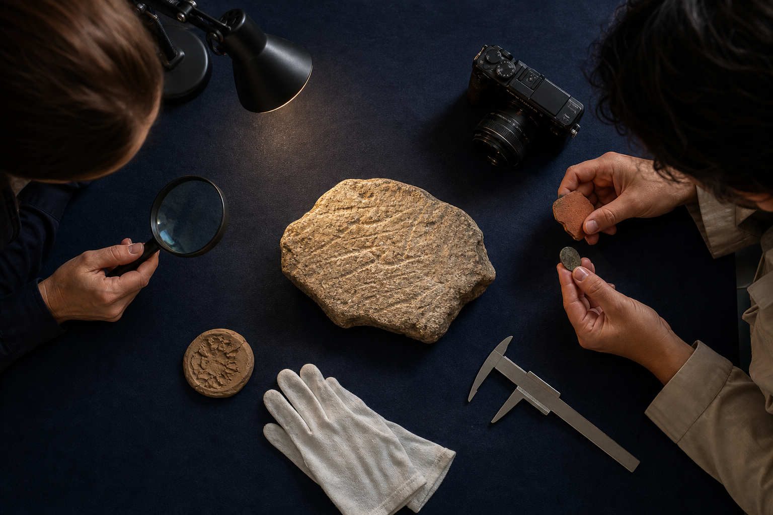 Researchers examine a weathered stone fragment at a worktable surrounded by six tools used for documentation, lighting, measurement, and close inspection.