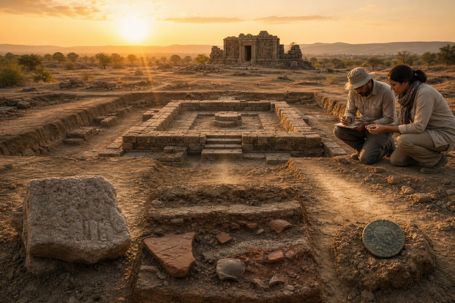 A shrine foundation, carved stone fragment, pottery deposit, coin, and nearby ruins appear together at an archaeological site as researchers compare the evidence.