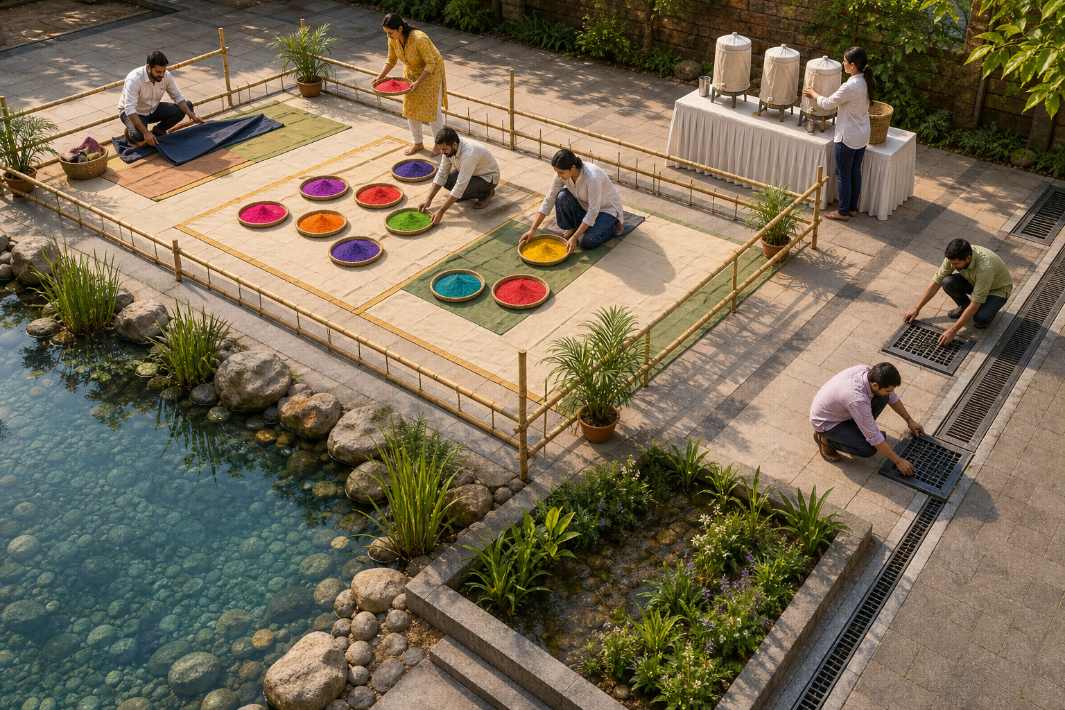 Volunteers set up a contained dry-colour area away from a pond, drinking-water tap, and drains before a community Holi celebration.