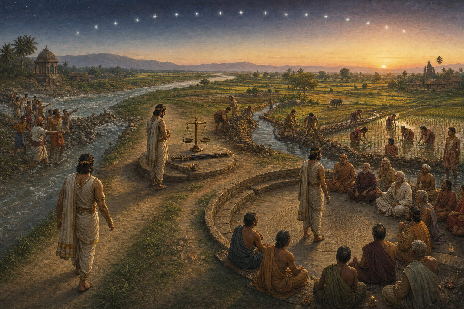 Four connected scenes show villagers identifying a blocked river, symbols of restraint, people restoring fields, and a ruler answering before an assembly.