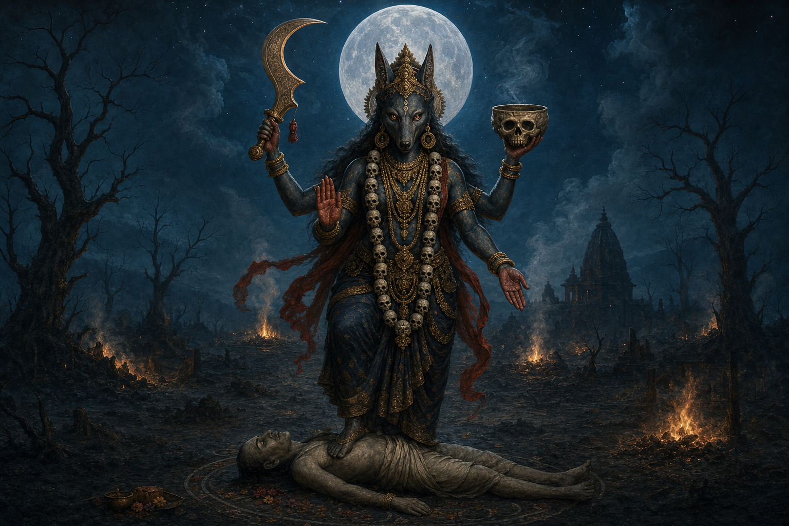 Jackal-faced fierce goddess holding a curved chopper and skull-bowl while standing above a symbolic corpse in a moonlit cremation-ground setting.