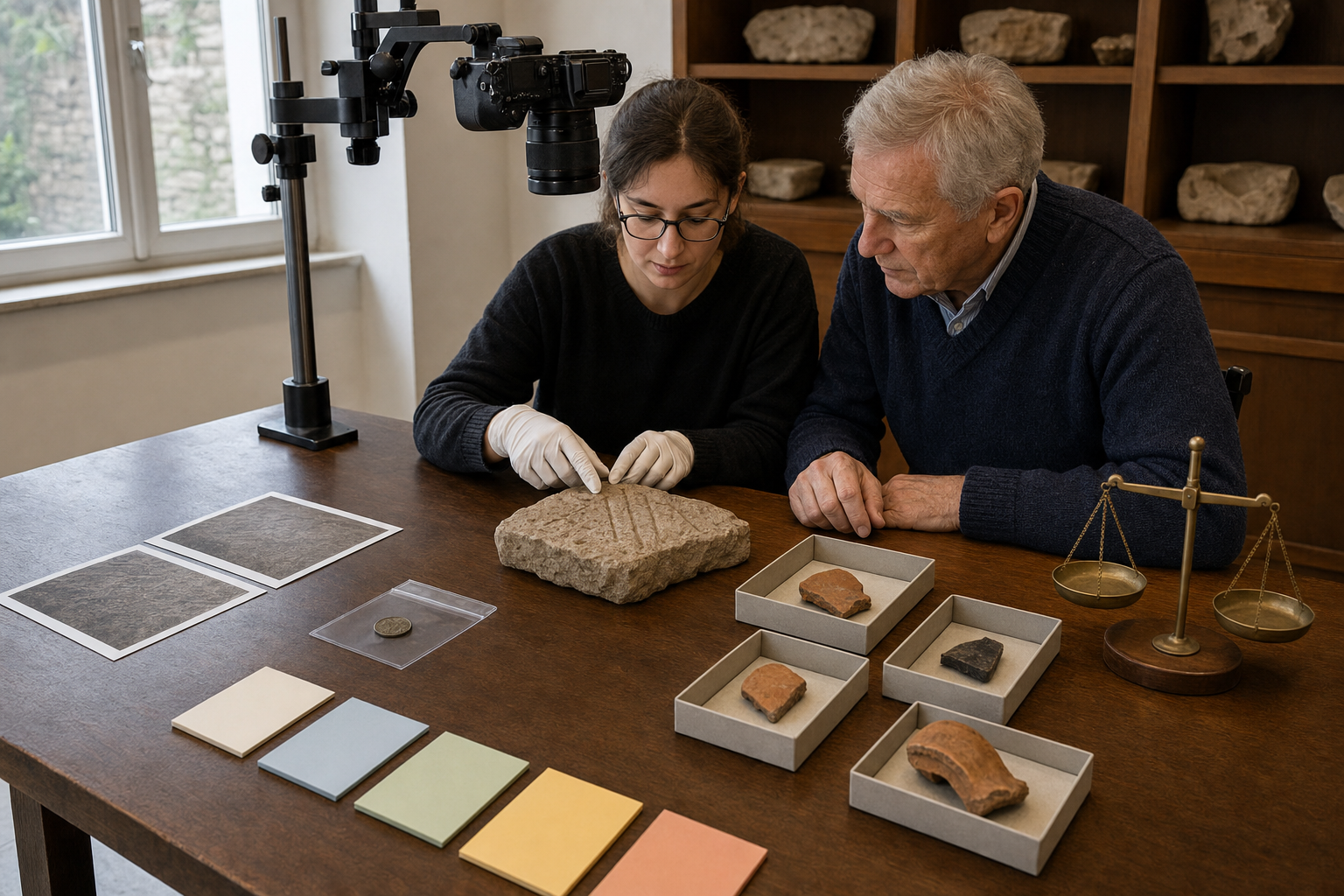 A researcher and community historian review a carved stone, coin, pottery samples, photographs, and organized archival materials on a study table.