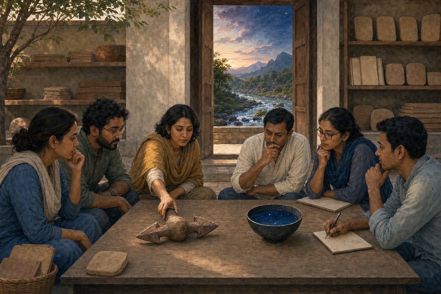 A group deliberates around a low table holding an uninscribed thunderbolt-shaped object and a water bowl that reflects the sky.