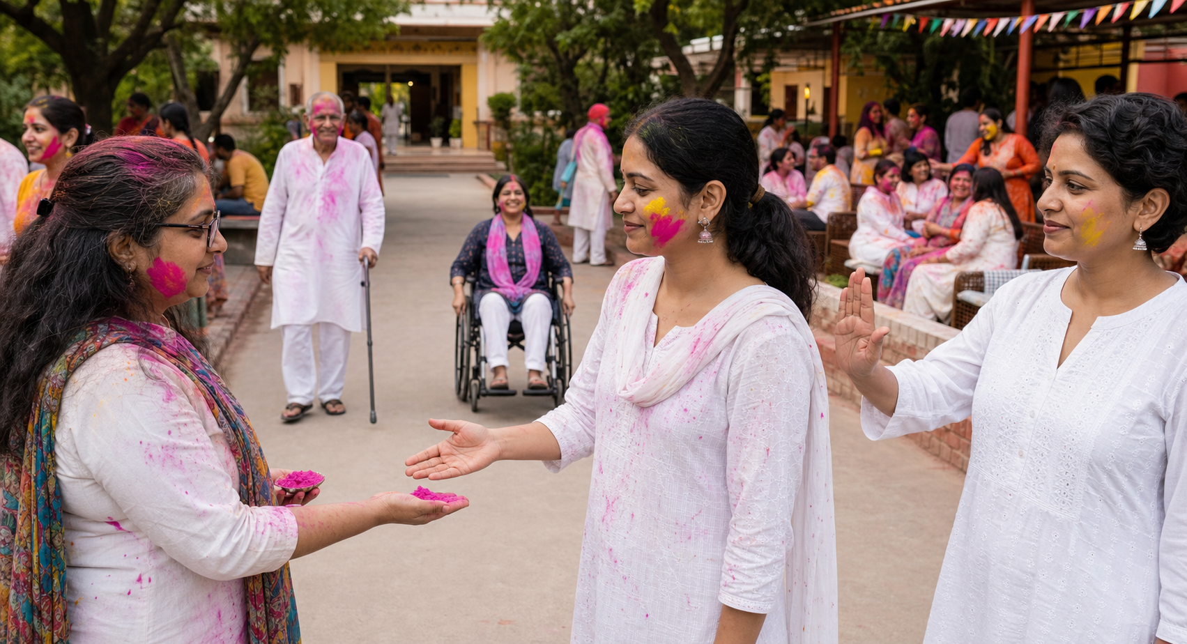 A Holi participant offers dry colour and waits for consent while another guest declines, beside an unobstructed colour-free path used by an elder and a wheelchair user.