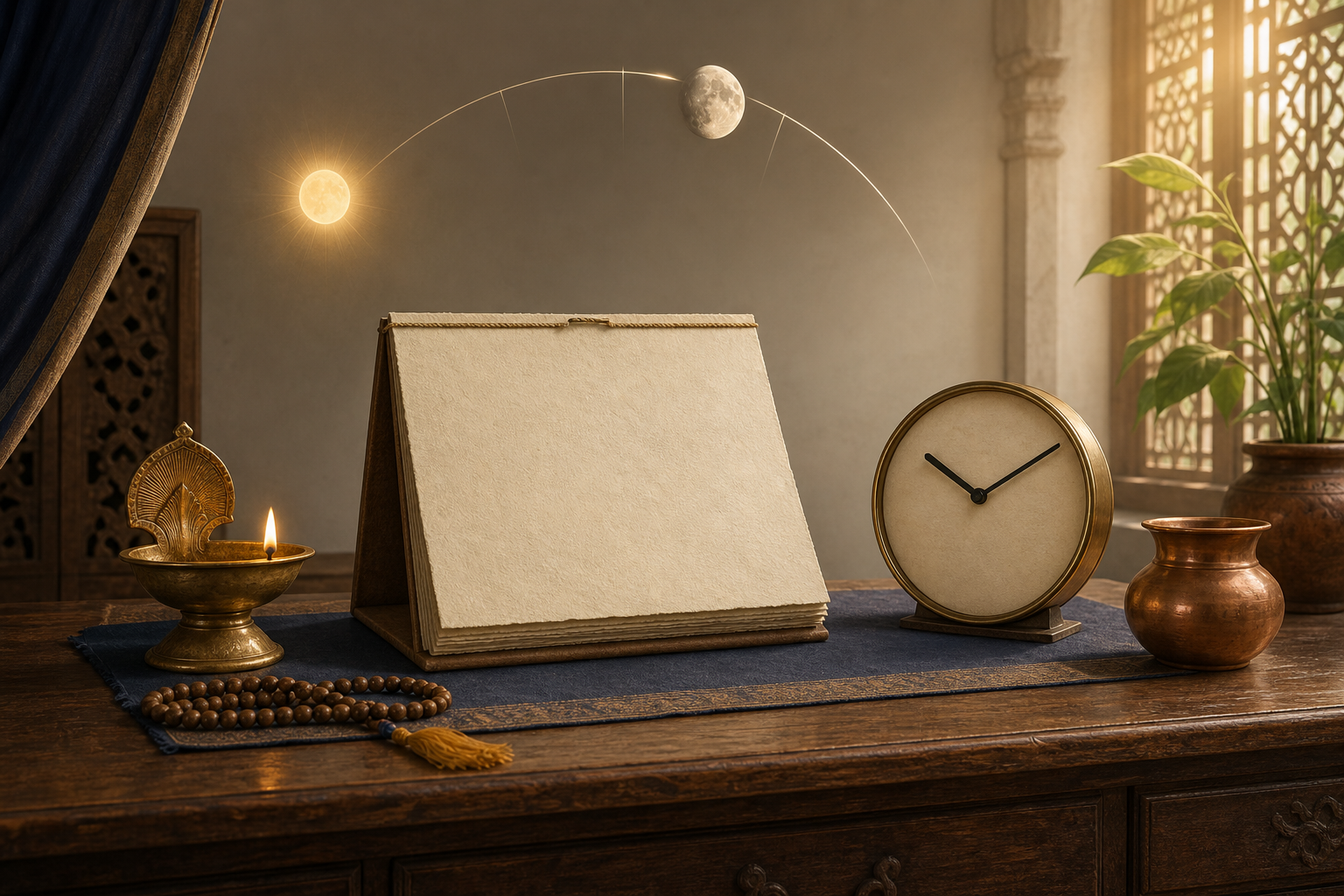 Traditional Panchang desk with a blank handmade calendar, 10:10 analog clock, brass diya, prayer beads, copper vessel, and a Sun–Moon arc.