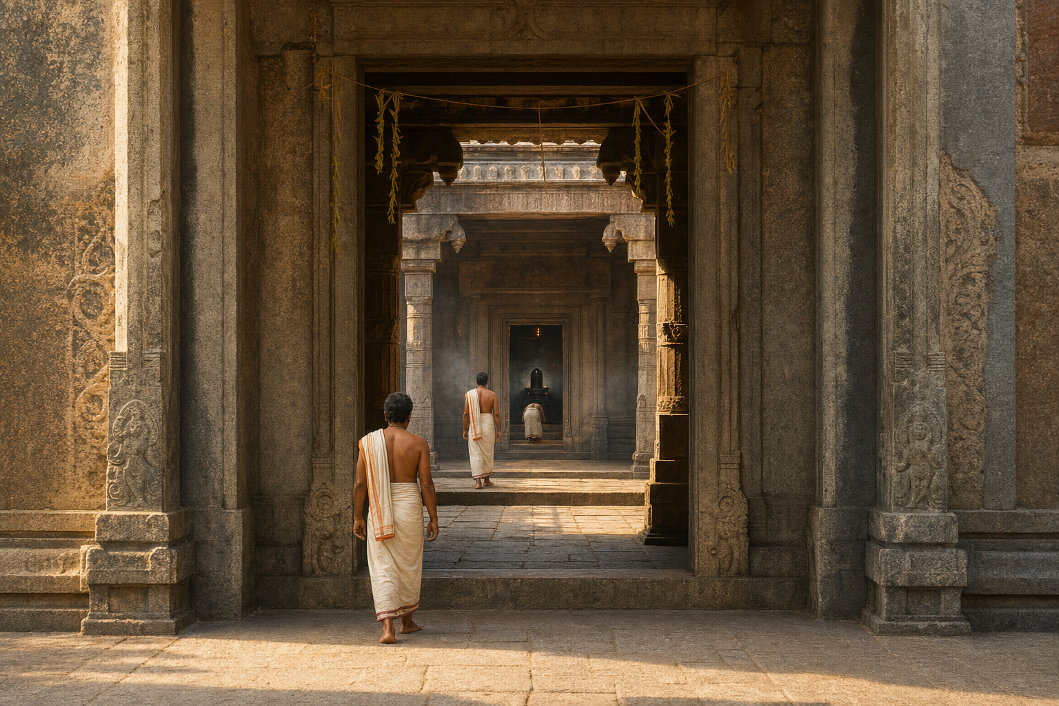 Cutaway view of a South Indian Shiva temple aligns the gateway, courtyard, flagstaff, Nandi, and inner sanctum while devotees move from the bright exterior into the darker sacred interior.