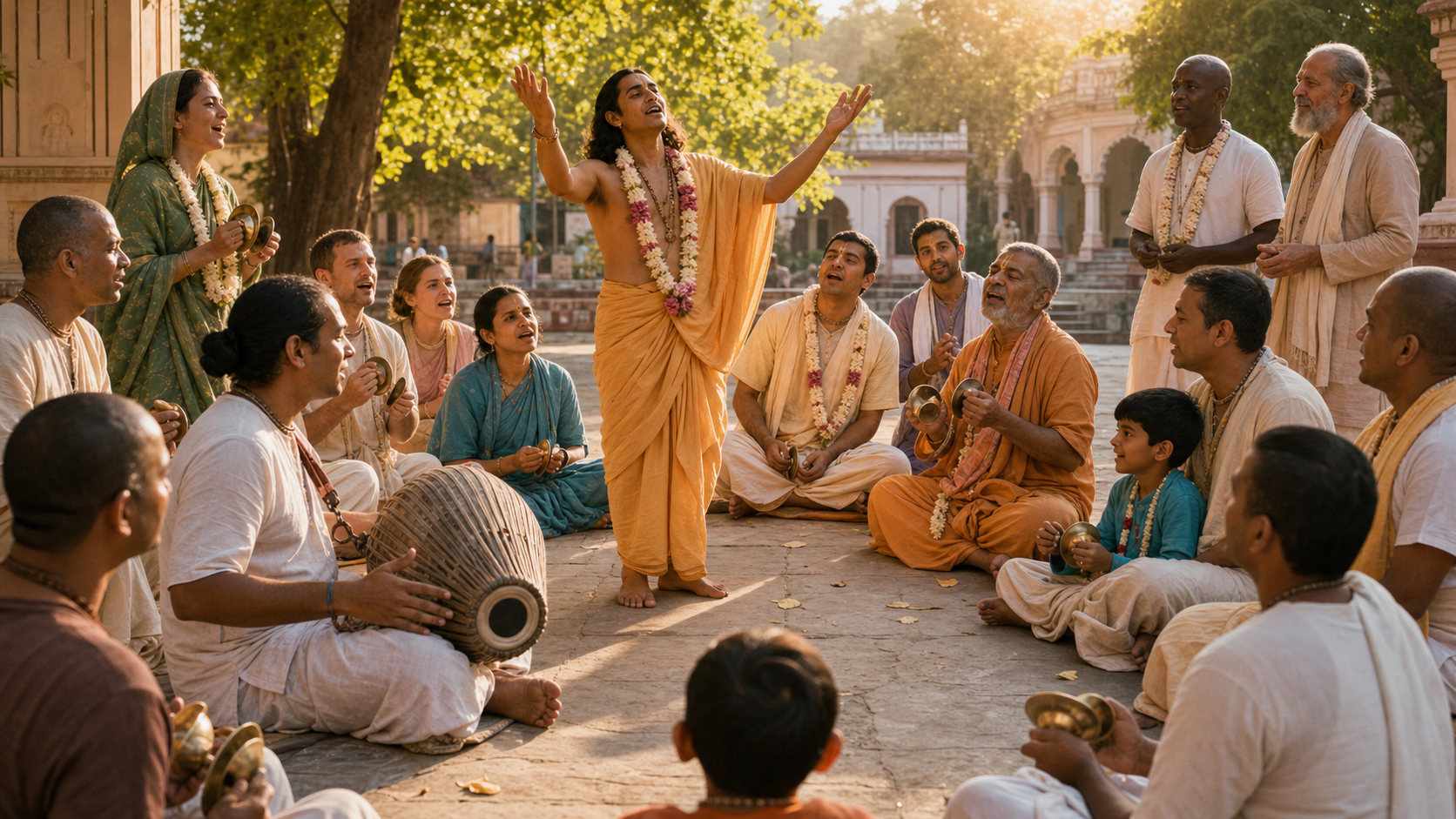 Sri Chaitanya stands with raised arms in a temple courtyard as devotees sing, play mridanga and karatalas, listen, and move together in a sankirtana circle.