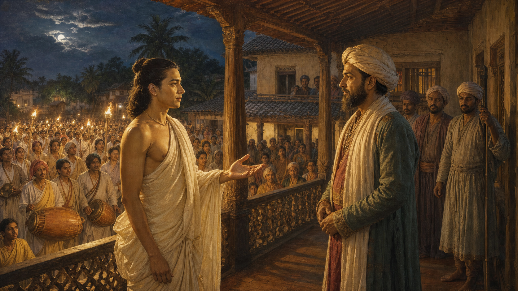 Caitanya speaks calmly with the Chand Kazi on a torchlit veranda while an orderly sankirtana procession waits in the street with drums and hand cymbals.
