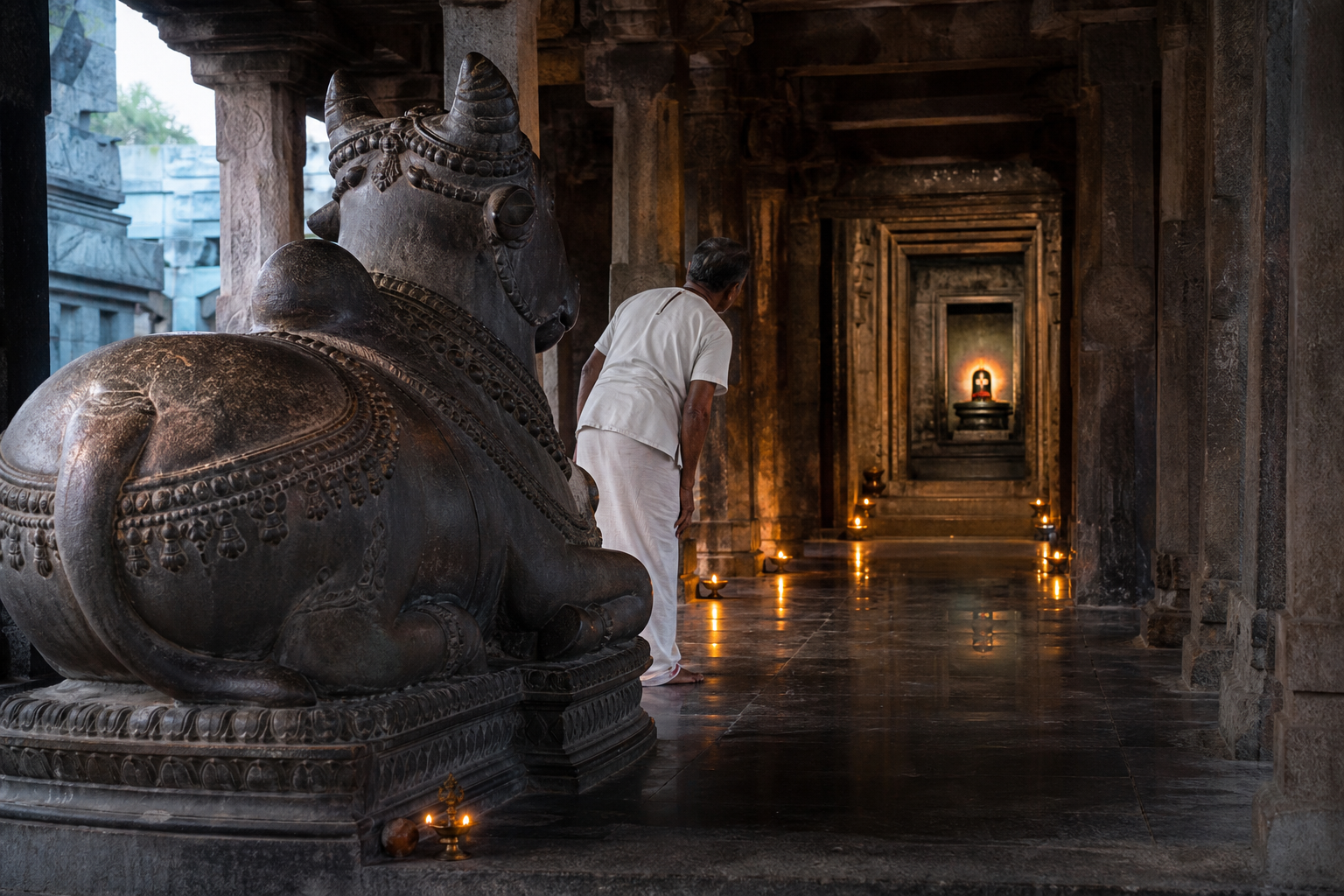 A large seated stone Nandi faces a dim Shiva sanctum while a devotee stands to one side of the temple's narrow central sightline.