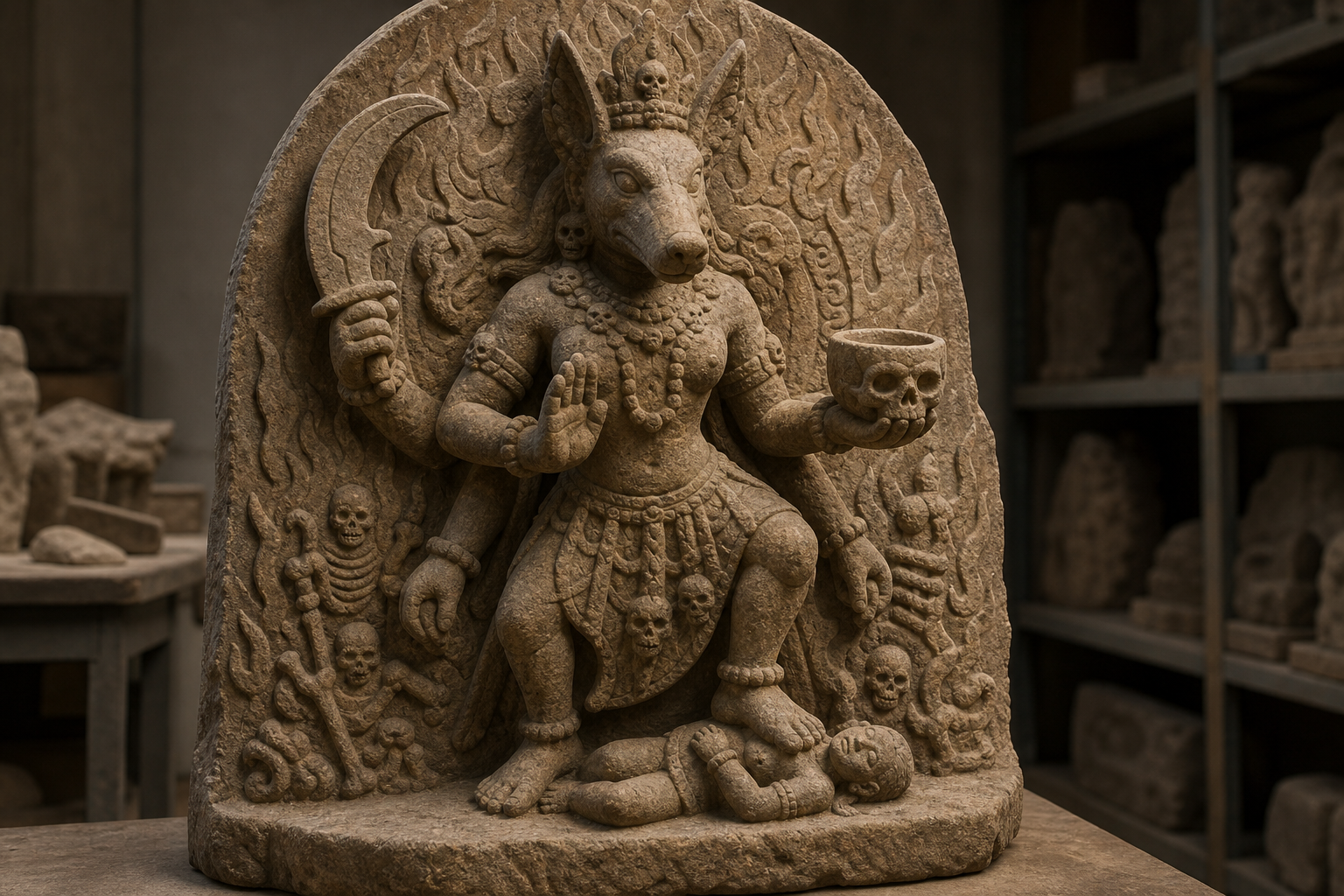 Three distinct fierce Shakta stone figures in adjacent alcoves, including a jackal-faced goddess, an emaciated skeletal goddess and an eroded animal-faced Yogini figure.
