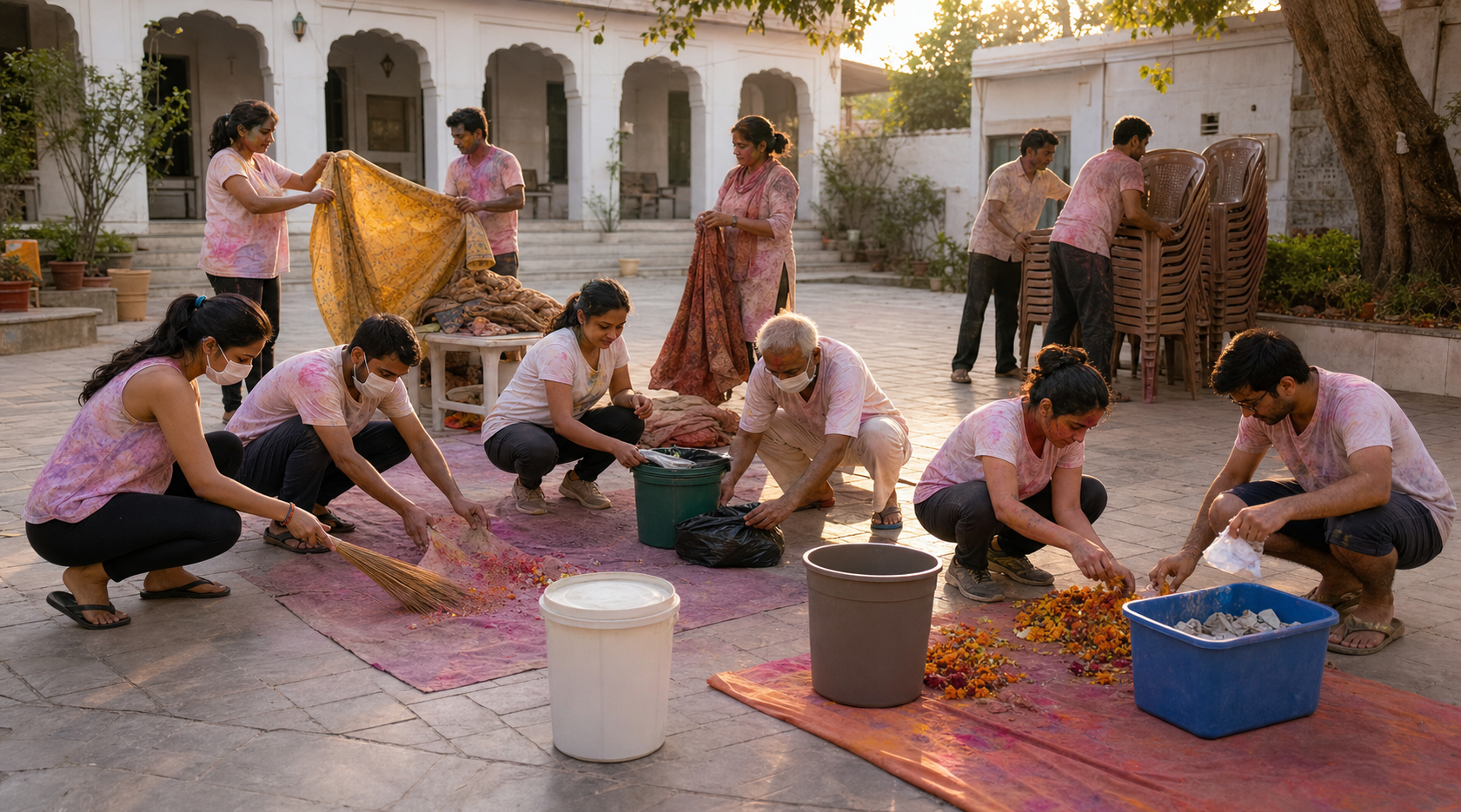 Community volunteers sweep dry colour, sort waste, fold reusable decorations, and restore the venue after a Holi celebration without using a hose.