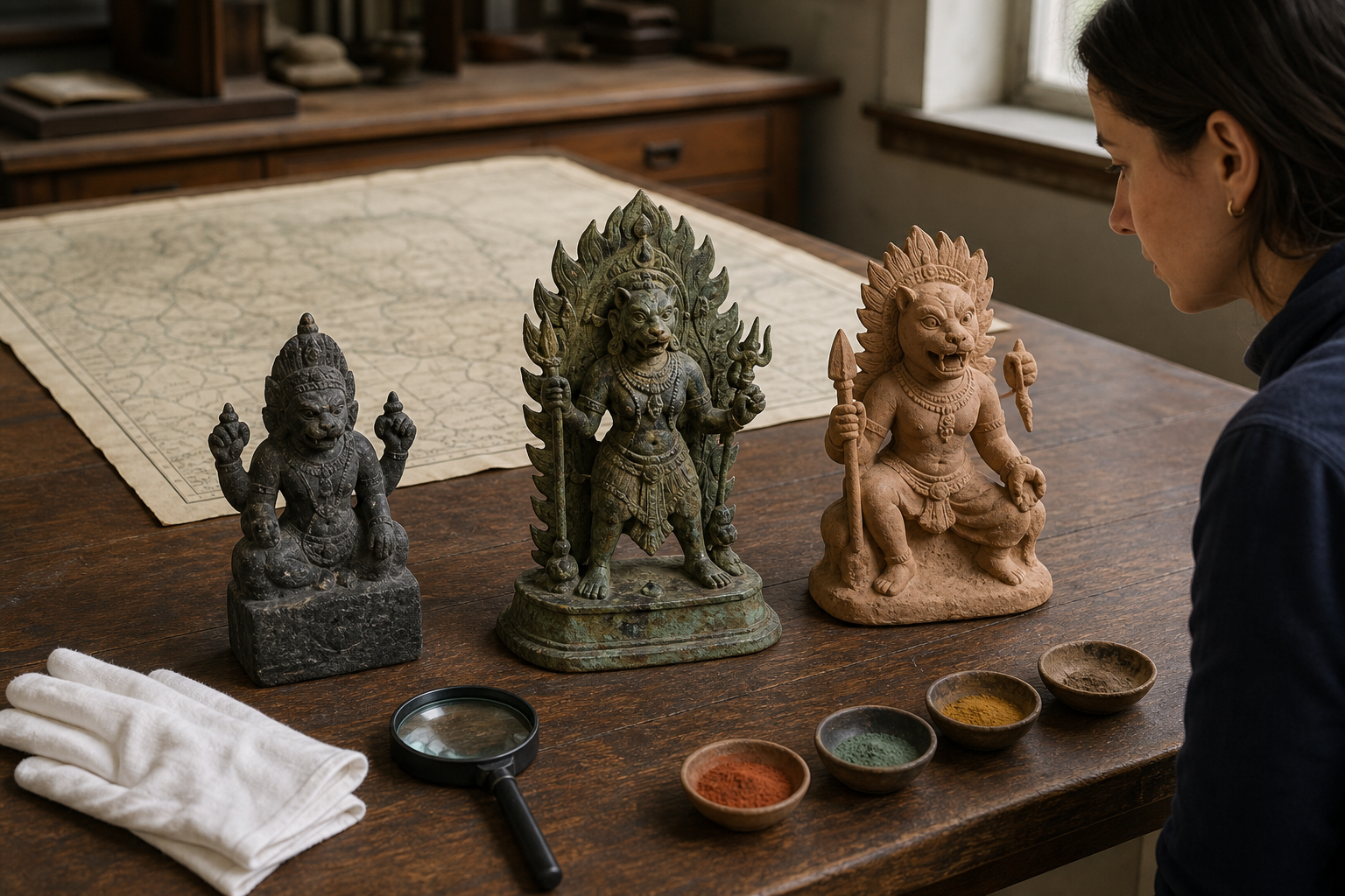 Anonymous devotee praying before an animal-faced goddess icon in a small stone shrine with lamps, flowers and simple offerings.