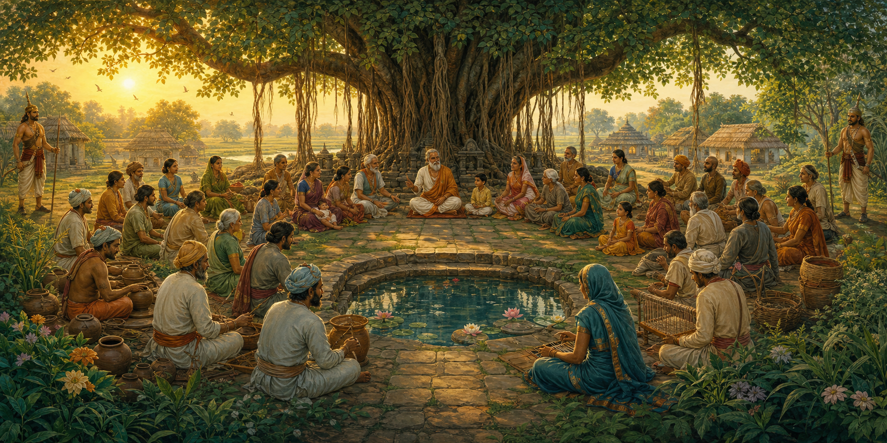 A village community gathers beneath a large banyan tree while guardians watch from the edge in warm morning light.