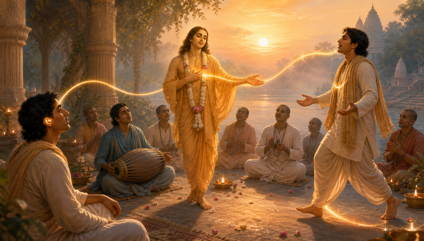 A devotee listens, sings, and steps into a kirtana beside a golden-complexioned figure of Gauranga on a riverside temple veranda.