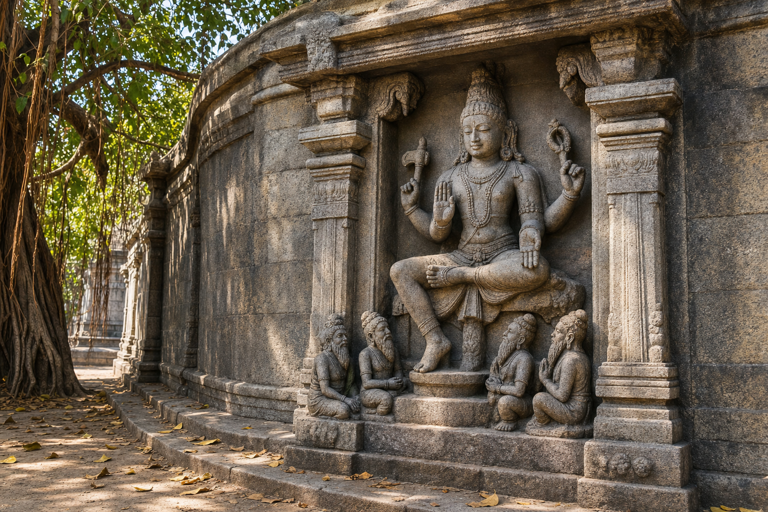Weathered stone Dakshinamurti sits beneath a banyan tree in a temple wall niche, teaching small seated sages as angled sunlight reveals the sculpture's details.