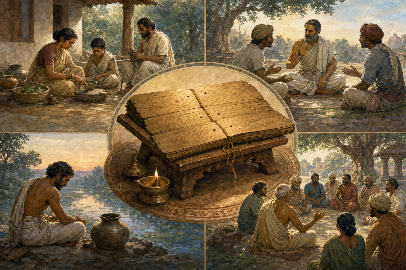 An open palm-leaf manuscript surrounded by scenes of household duty, dispute mediation, moral reflection, and public deliberation.