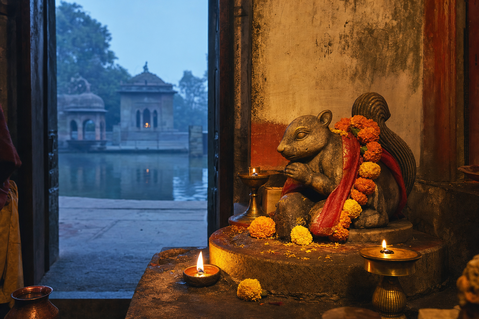 A squirrel-shaped sacred murti decorated with marigolds and oil lamps in a temple sanctum overlooking the water of Achal Taal.