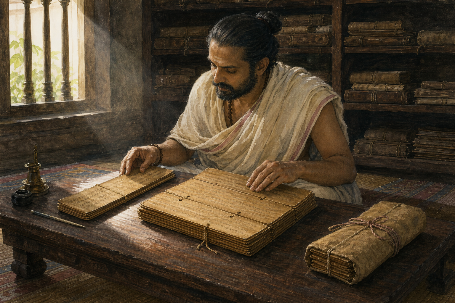 A scholar in a manuscript room carefully compares separate bundles of palm-leaf folios on a low desk.