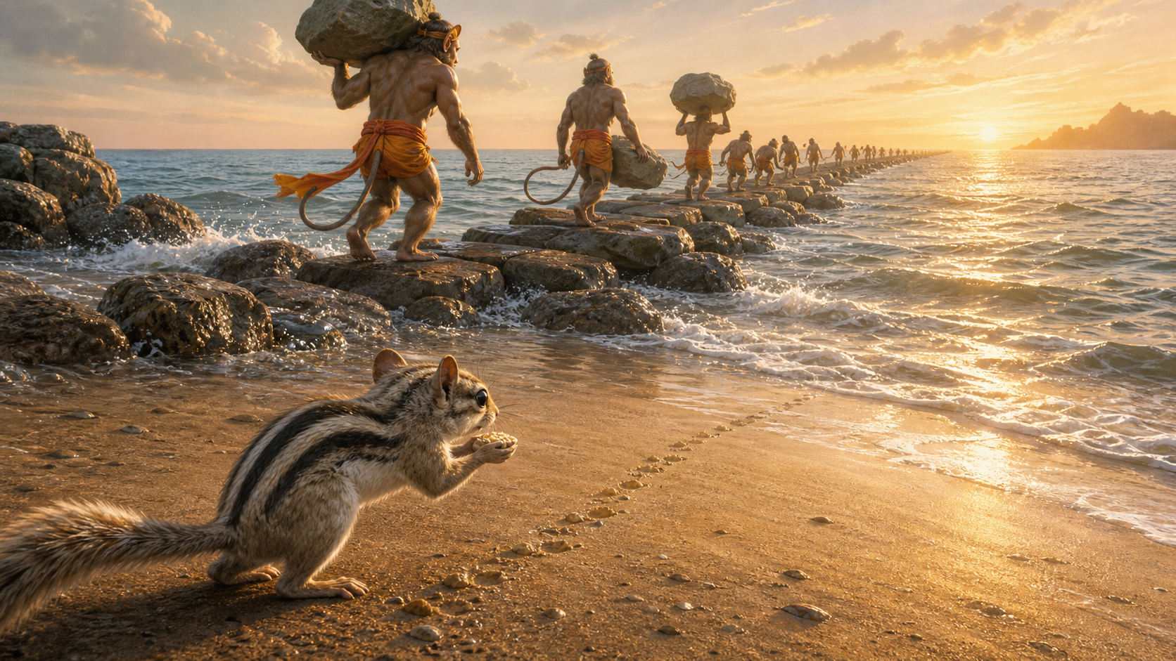 A small palm squirrel carries grains of sand toward a stone sea bridge while vanara helpers move large rocks nearby.