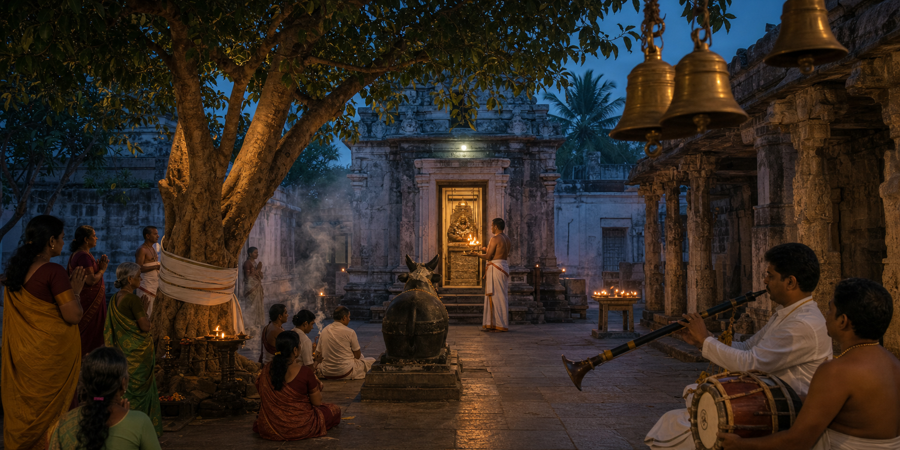 At dusk in a South Indian temple courtyard, devotees gather near a sacred tree as an oil lamp, bells, wind instrument, drum, incense smoke, Nandi, and the sanctum form one ritual setting.