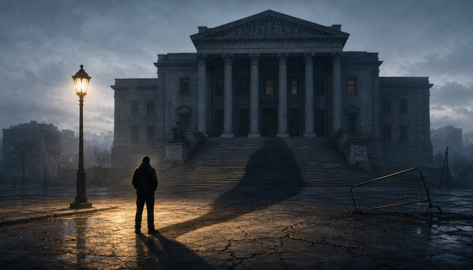 An anonymous civilian stands before a dim courthouse as the building's long shadow merges with the person's shadow across cracked pavement.