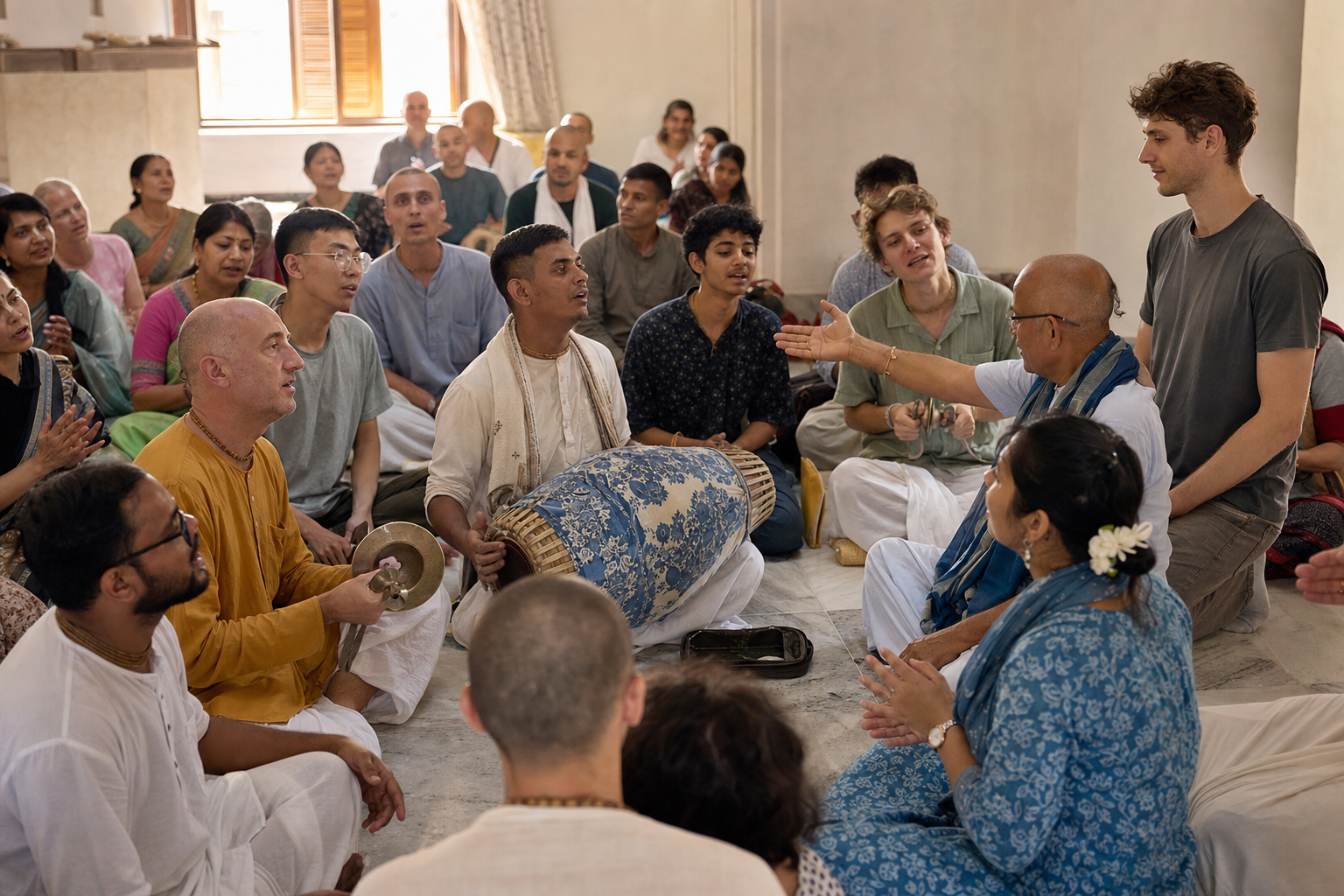 A newcomer listens at the edge of a welcoming temple kirtana as devotees sing and play mrdanga and karatalas in a circle.
