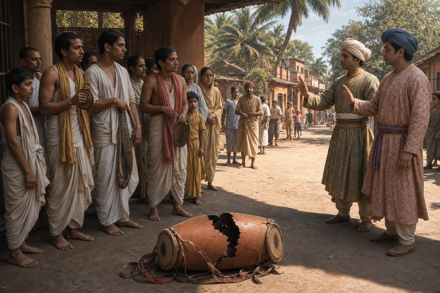 A broken clay mrdanga lies at the boundary of a public lane as stopped sankirtana musicians face two municipal officers in historical Navadvipa.